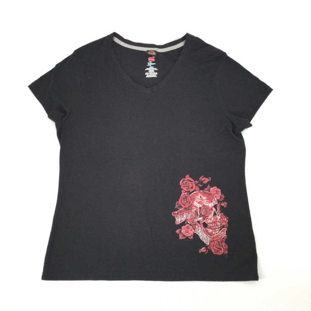 Harley Davidson Logo Shirt Large Black Short Sleeve Cancun Mexico Skull Roses L
